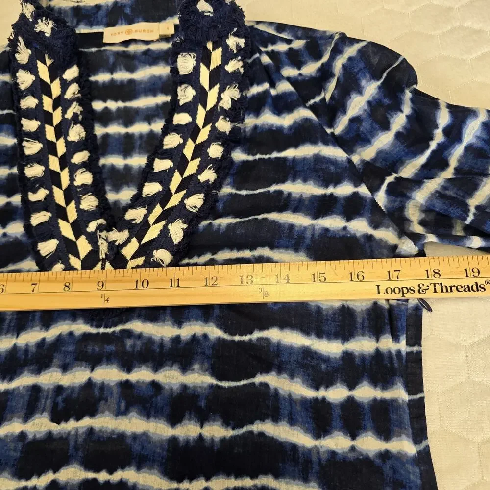 Tory Burch Blue Tie Dye Embellished Cotton Voile Tunic Shirt Size 4 Fringe Boho